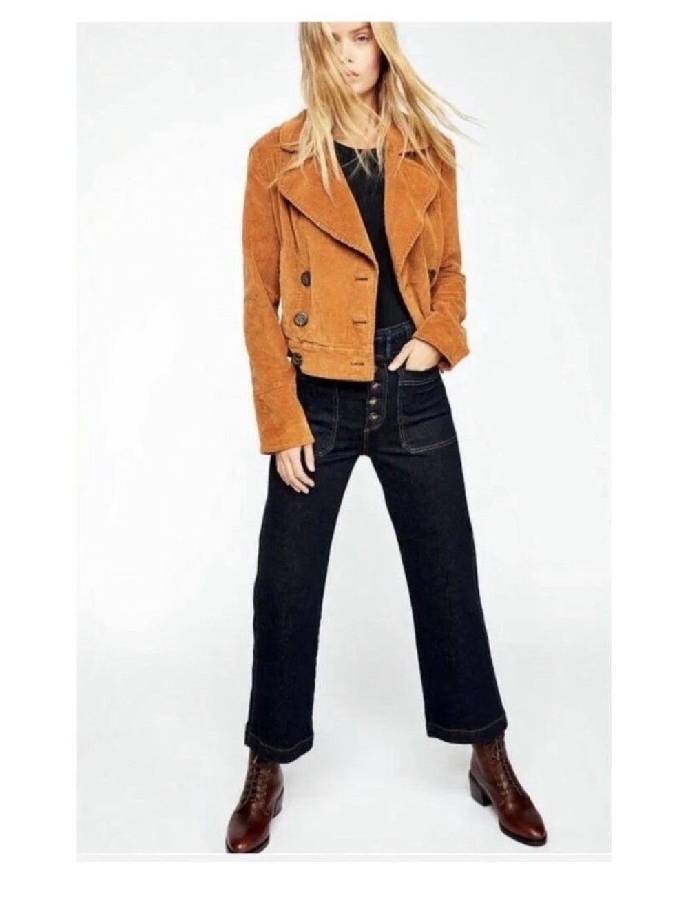 NWOT Free People - Rust Orange Corduroy Double-Breasted Pea Coat